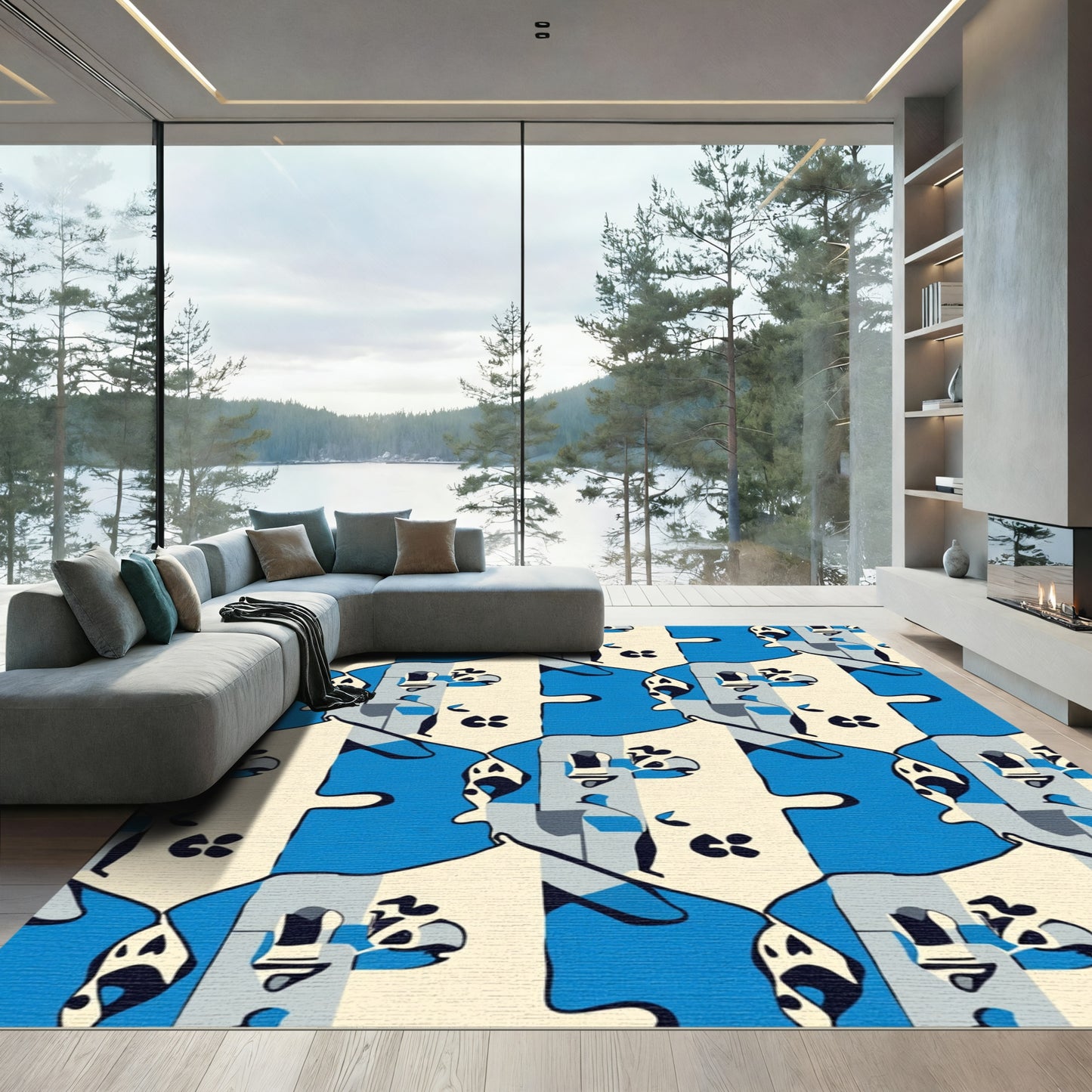 Modern Geometric Blue Puzzle Faces Rug