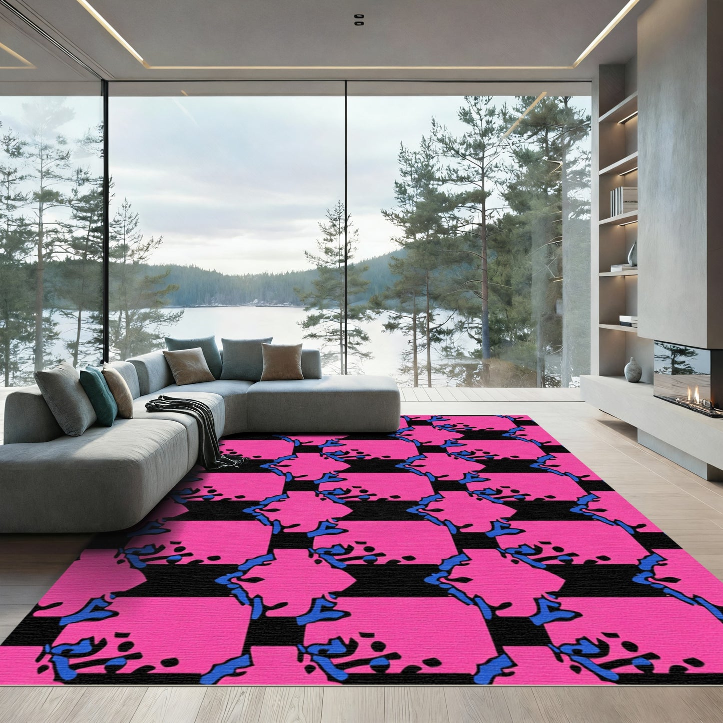 Bold Pink Blue Abstract Square Rug