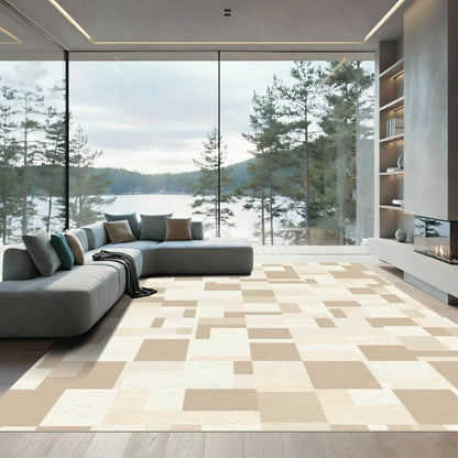 Neutral Beige Abstract Geometric Blocks Rug