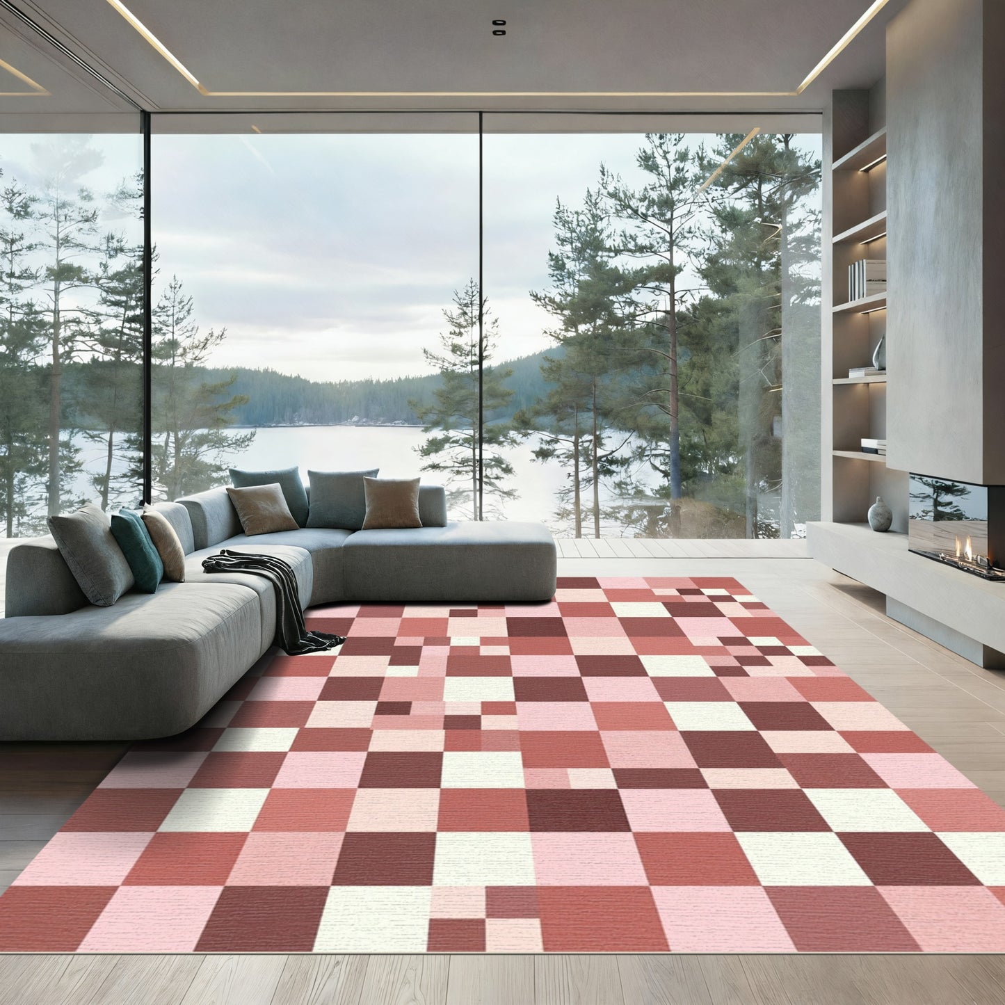 Pink Red Tonal Checkered Squares Rug