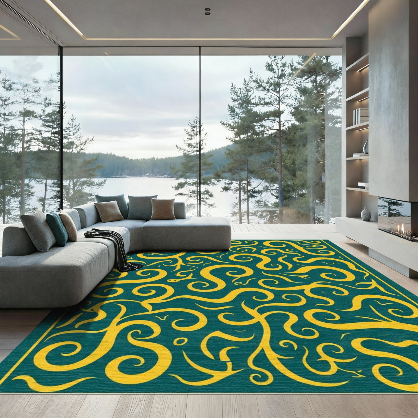 Golden Serpent Swirls Teal Rug