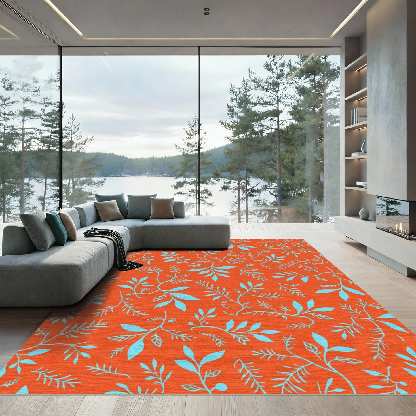 Orange Teal Botanical Branch Pattern Rug