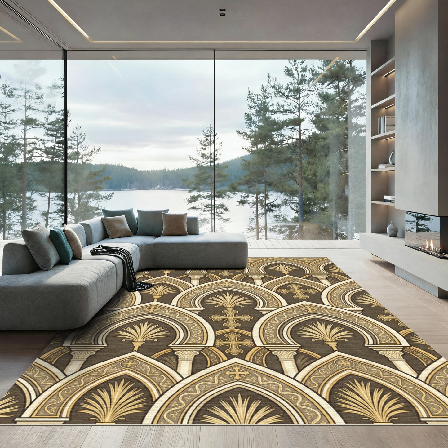 Brown Gold Arabesque Arch Pattern Rug