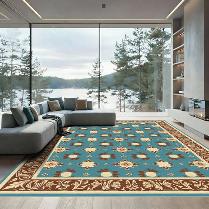 Teal Brown Floral Border Medallion Rug