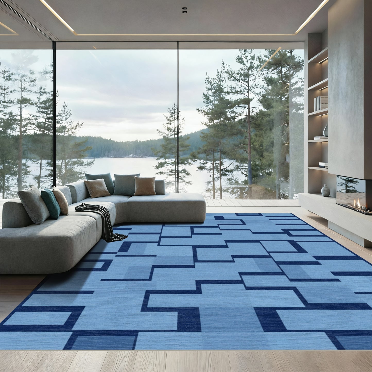 Deep Blue Geometric Block Arrangement Rug
