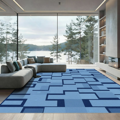 Deep Blue Geometric Block Arrangement Rug