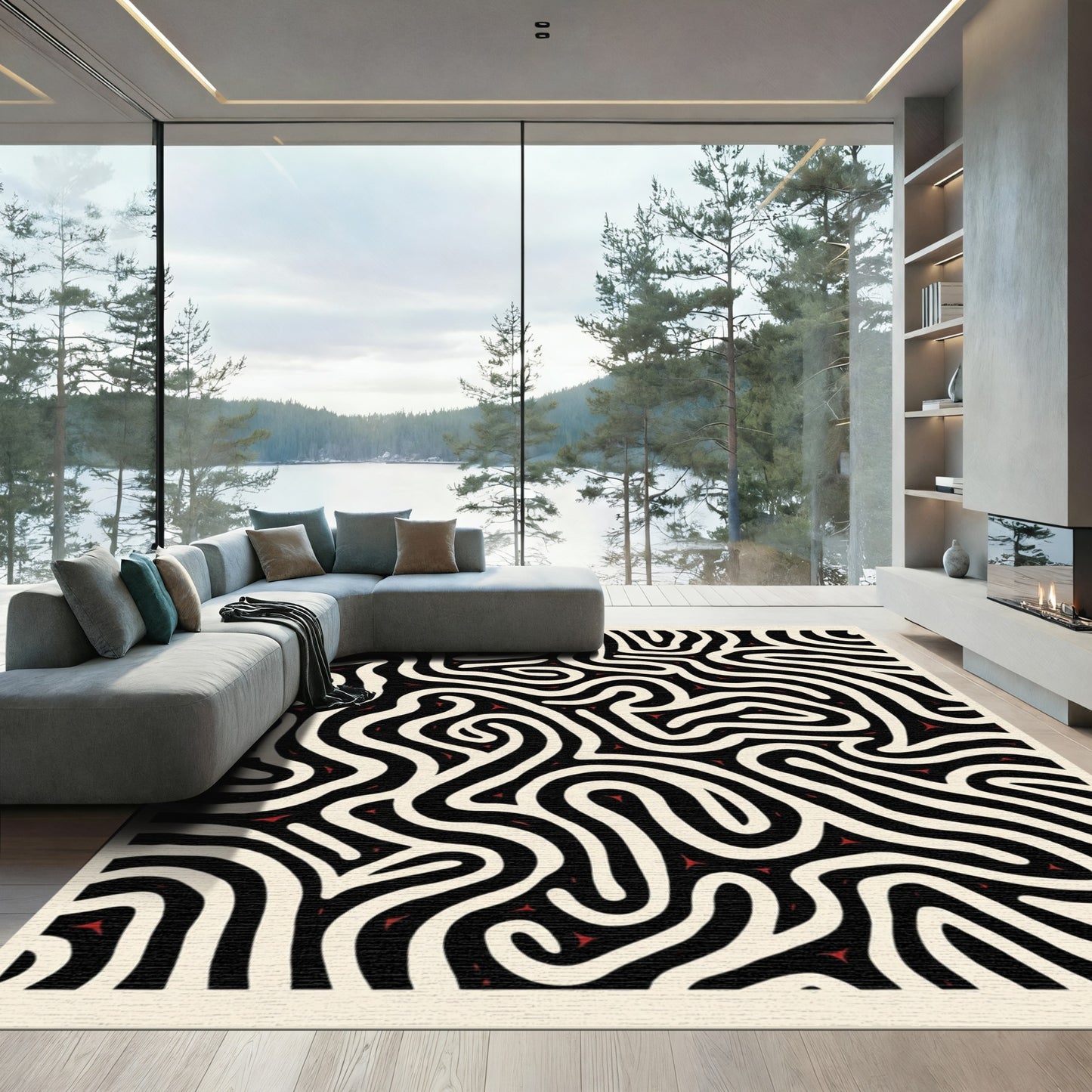 Black White Red Fluid Maze Rug