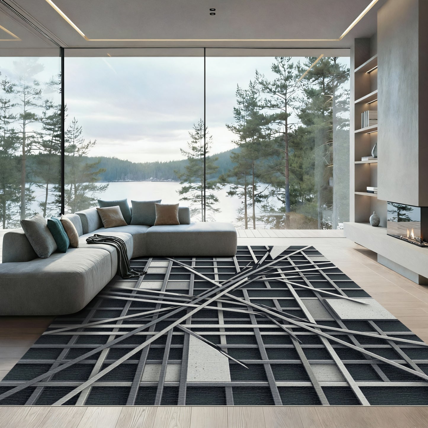 Monochromatic Modern Geometric Steel Grid Rug