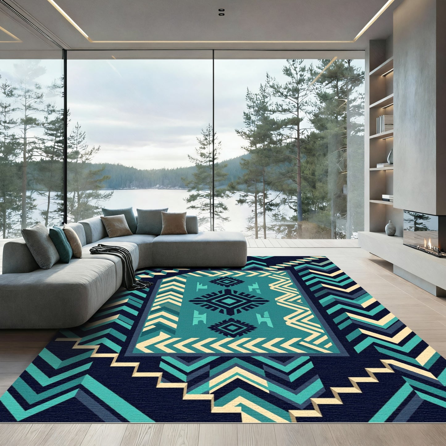 Teal Geometric Chevron Diamond Art Rug
