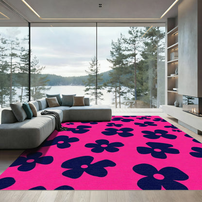 Bold Blue Floral On Pink Rug