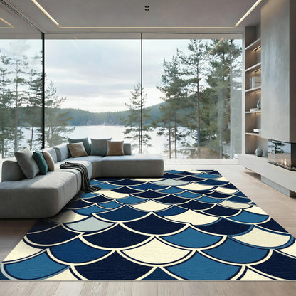 Navy Blue Scalloped Nautical Shell Wave Rug