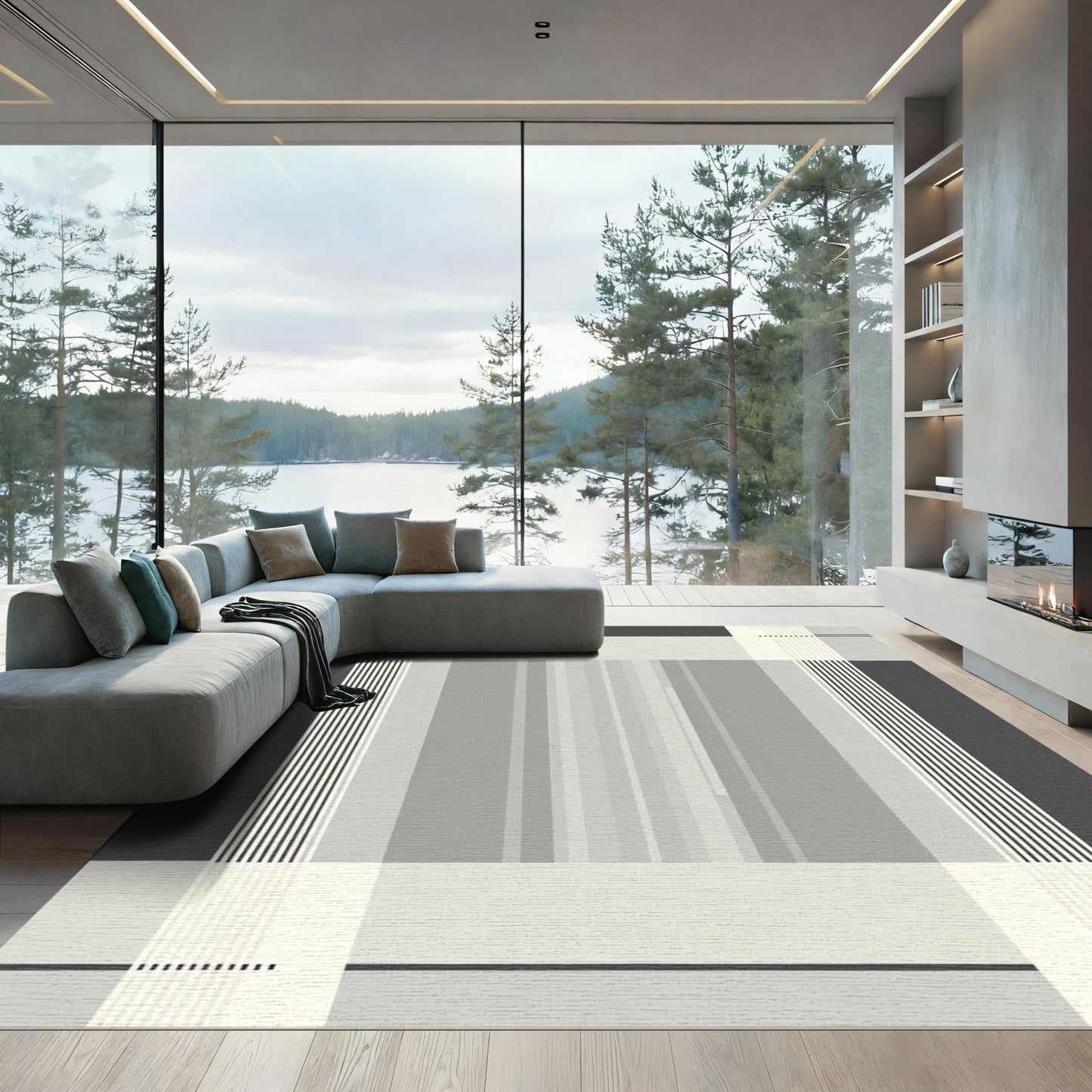 Modern Gray Stripe Grid Rug