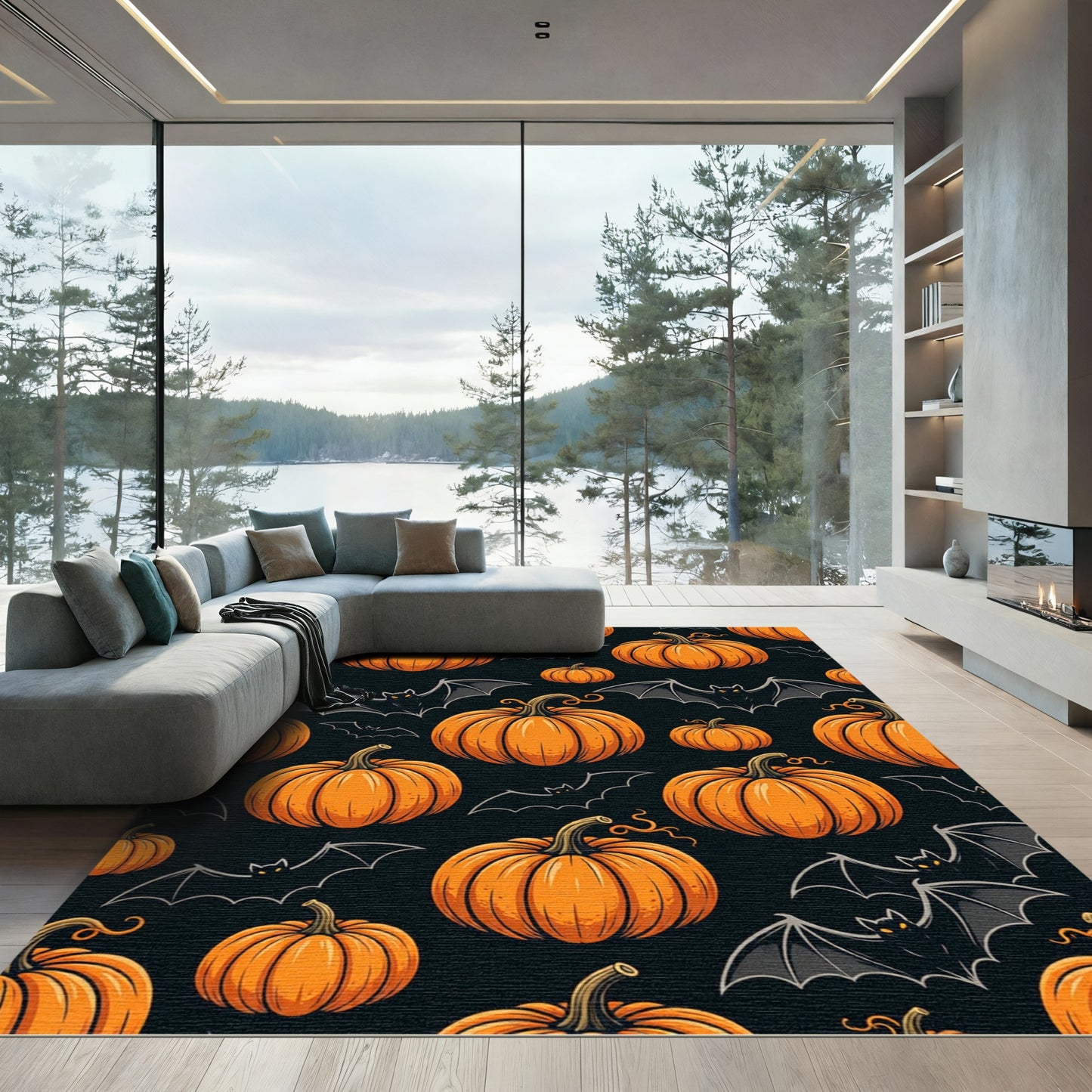 Spooky Pumpkin and Bat Halloween Illustration Rug