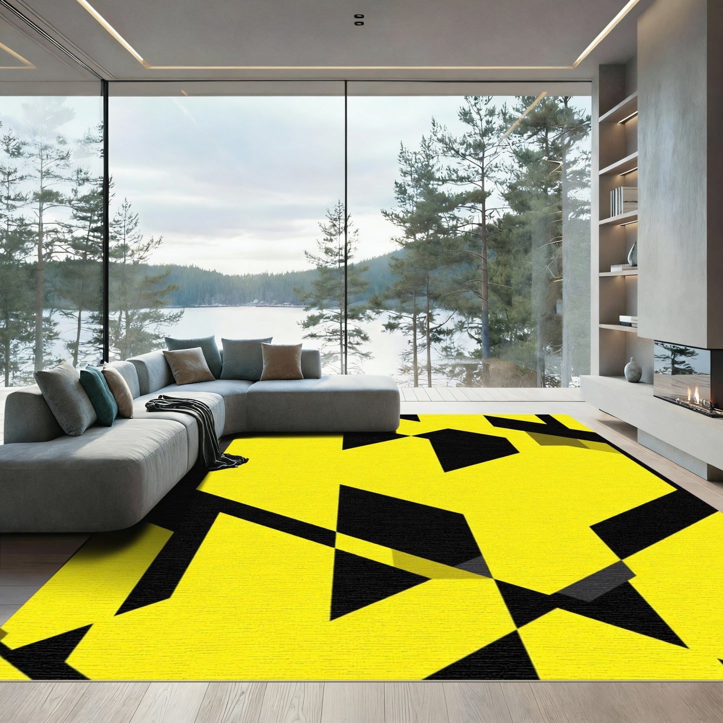 Bright Yellow Black Geometric Abstract Rug