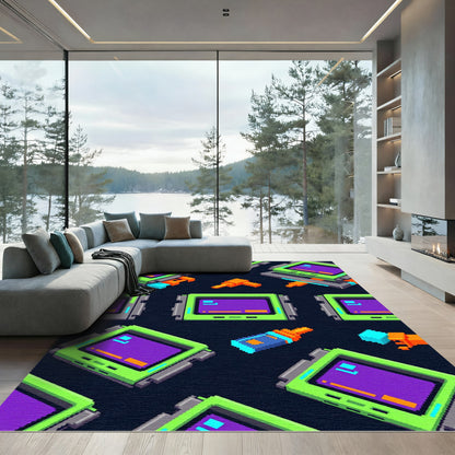 Neon Retro Gaming Pixelated Monitor Grid Rug