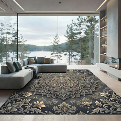 Ornate Golden Floral Mandala Charcoal Rug