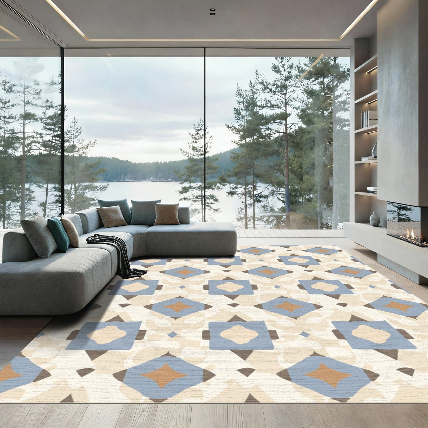 Geometric Blue Tan Diamond Squares Rug