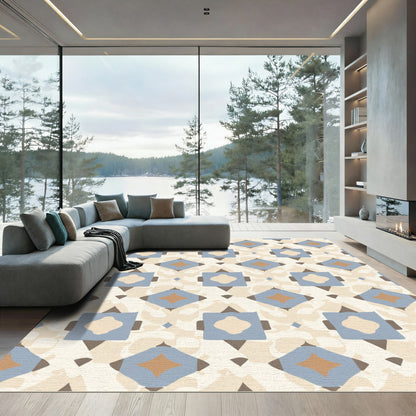 Geometric Blue Tan Diamond Squares Rug