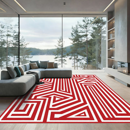 Bold Red Geometric Maze Lines Rug