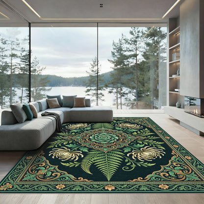 Emerald Fern and Chrysanthemum Botanical Medallion Rug