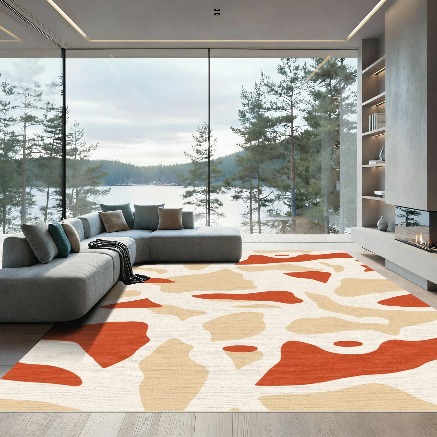 Abstract Terracotta Beige Organic Shapes Rug