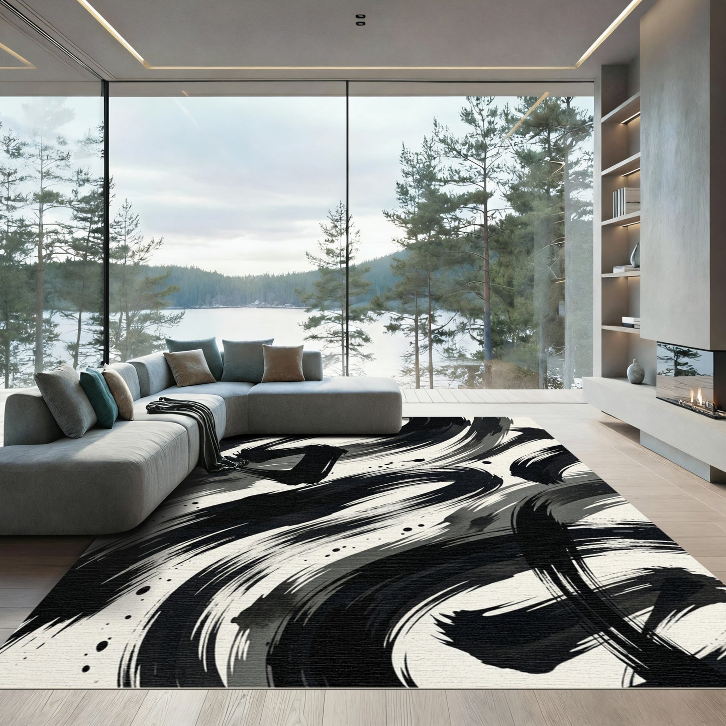 Ink Wash Brushed Abstract Strokes Rug