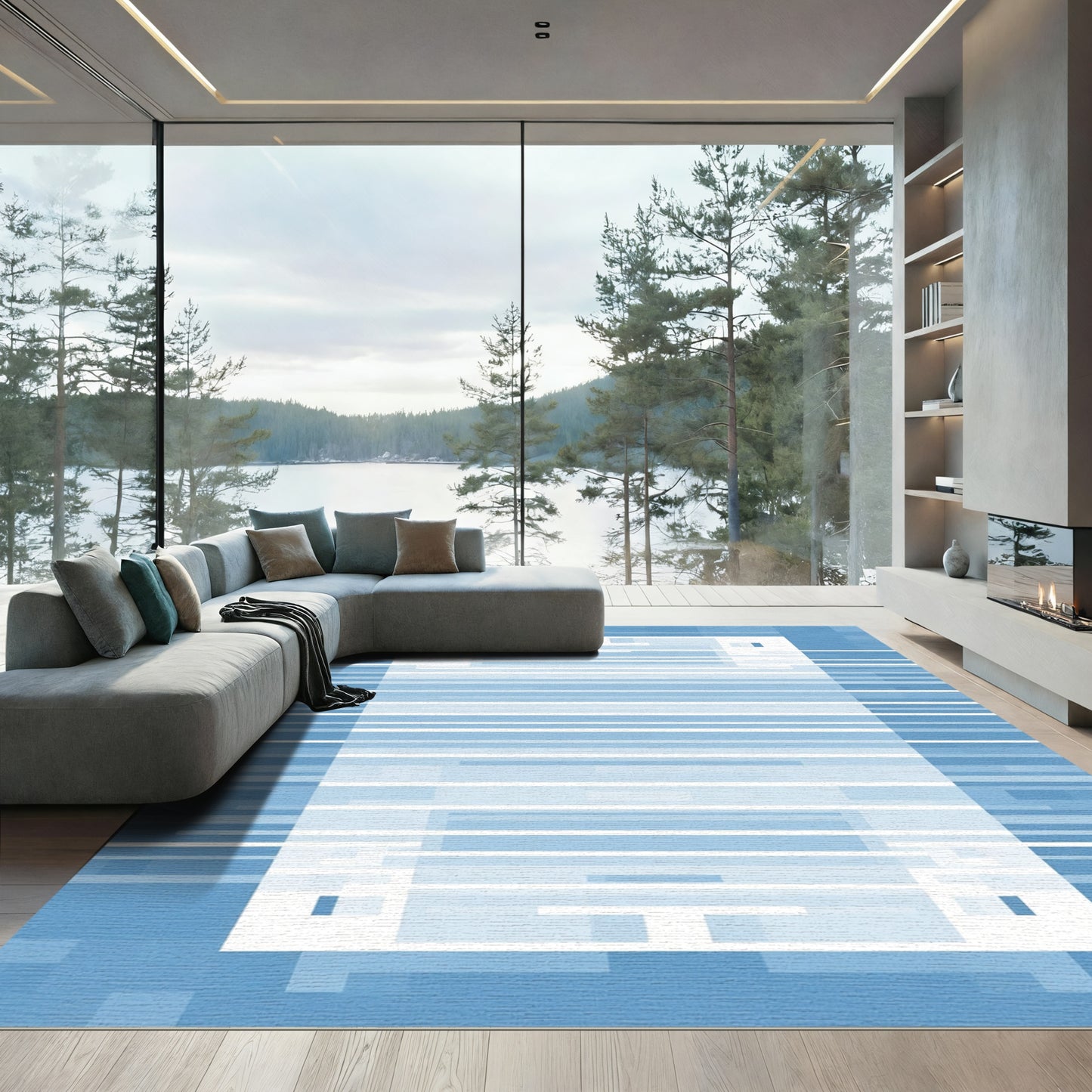 Arctic Blue Horizontal Stripe Frame Rug