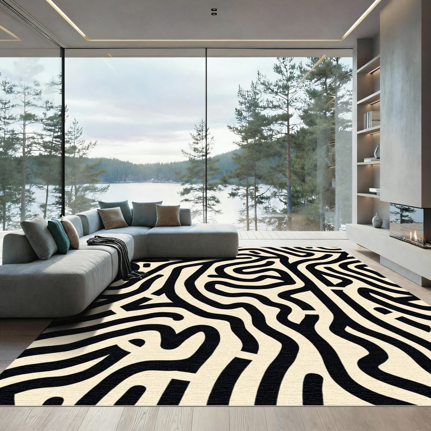 Abstract Black Cream Maze Lines Rug