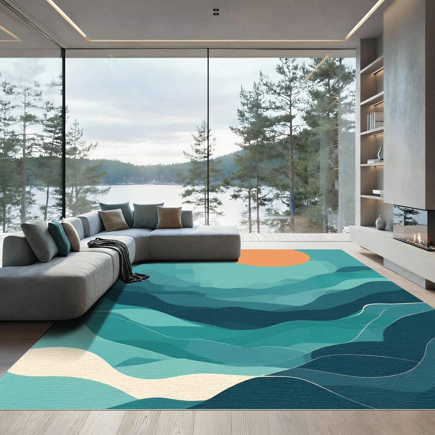Abstract Orange Sun Teal Waves Rug