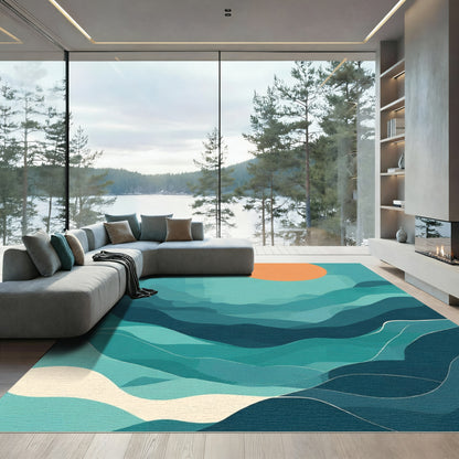 Abstract Orange Sun Teal Waves Rug
