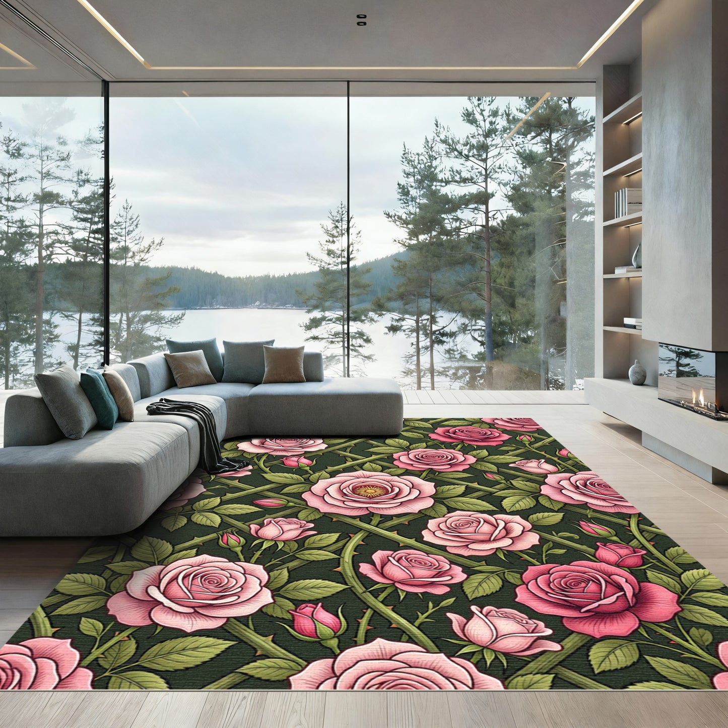 Romantic Pink Rose Trellis Garden Rug