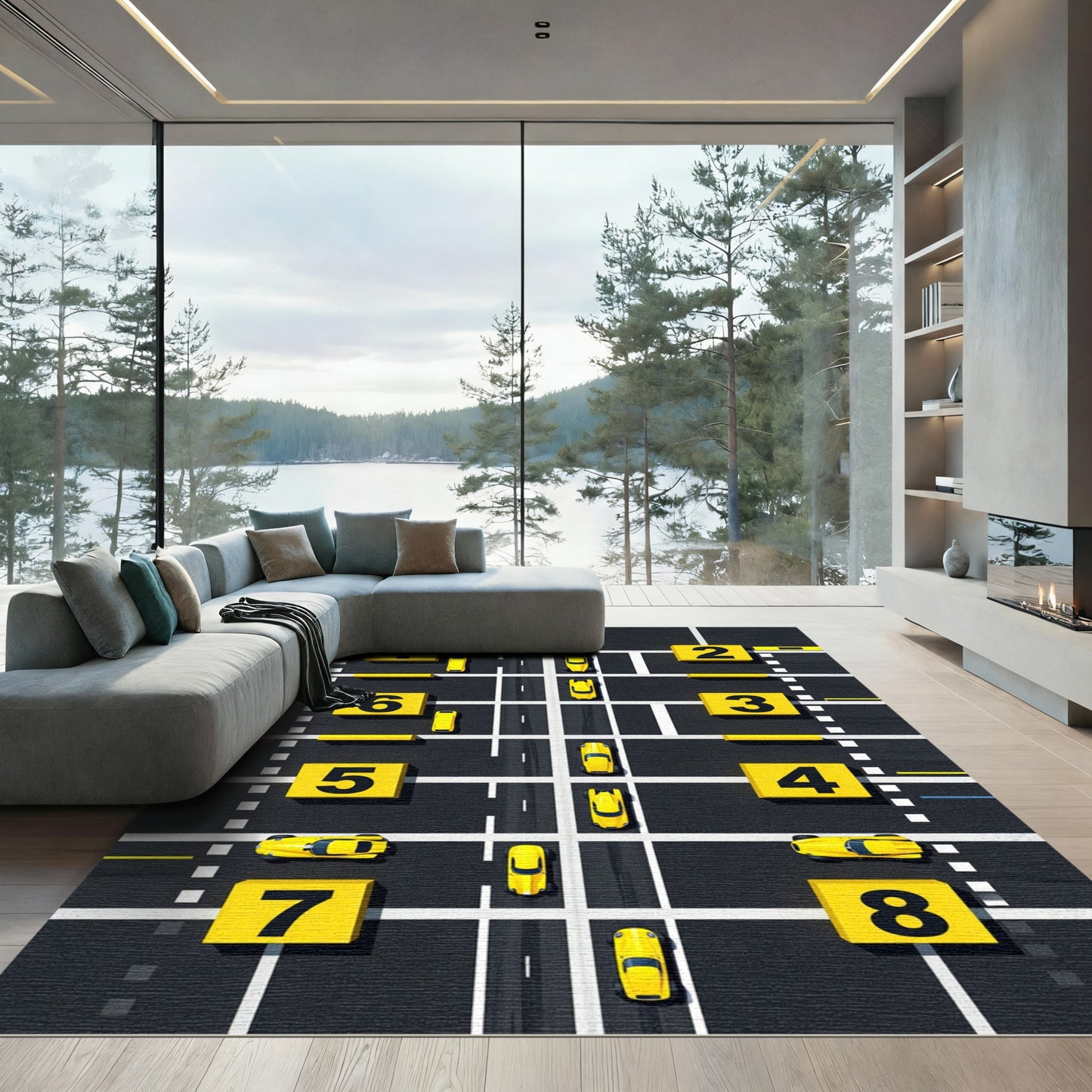 Modern Yellow Racing Track Grid Rug