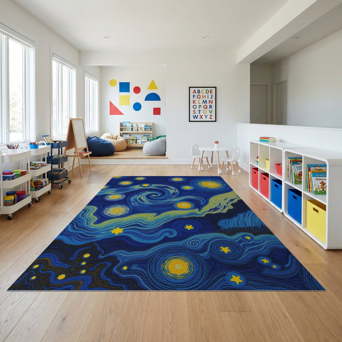 Swirling Glowing Stars Deep Blue Rug