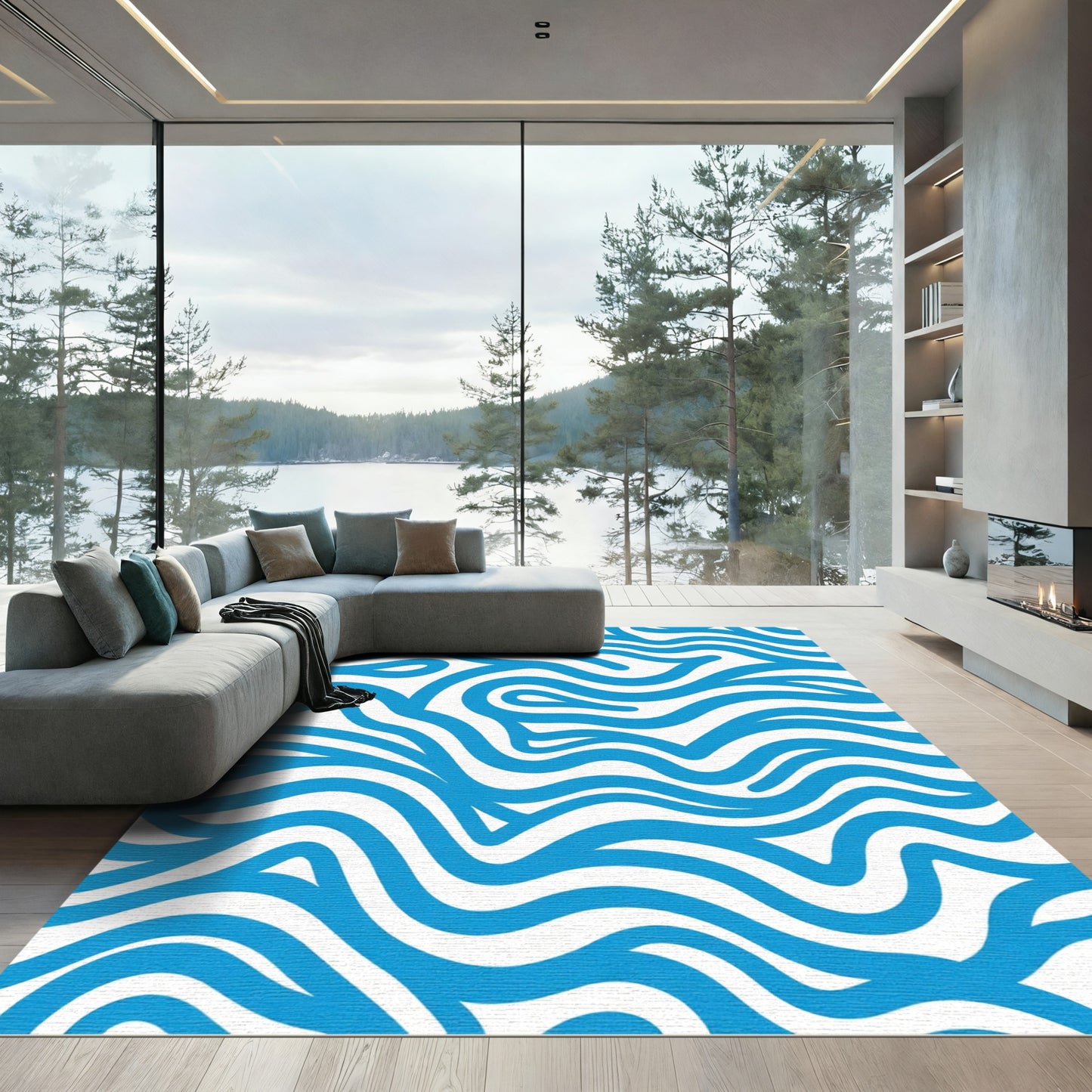 Bright Blue Wavy Lines Rug