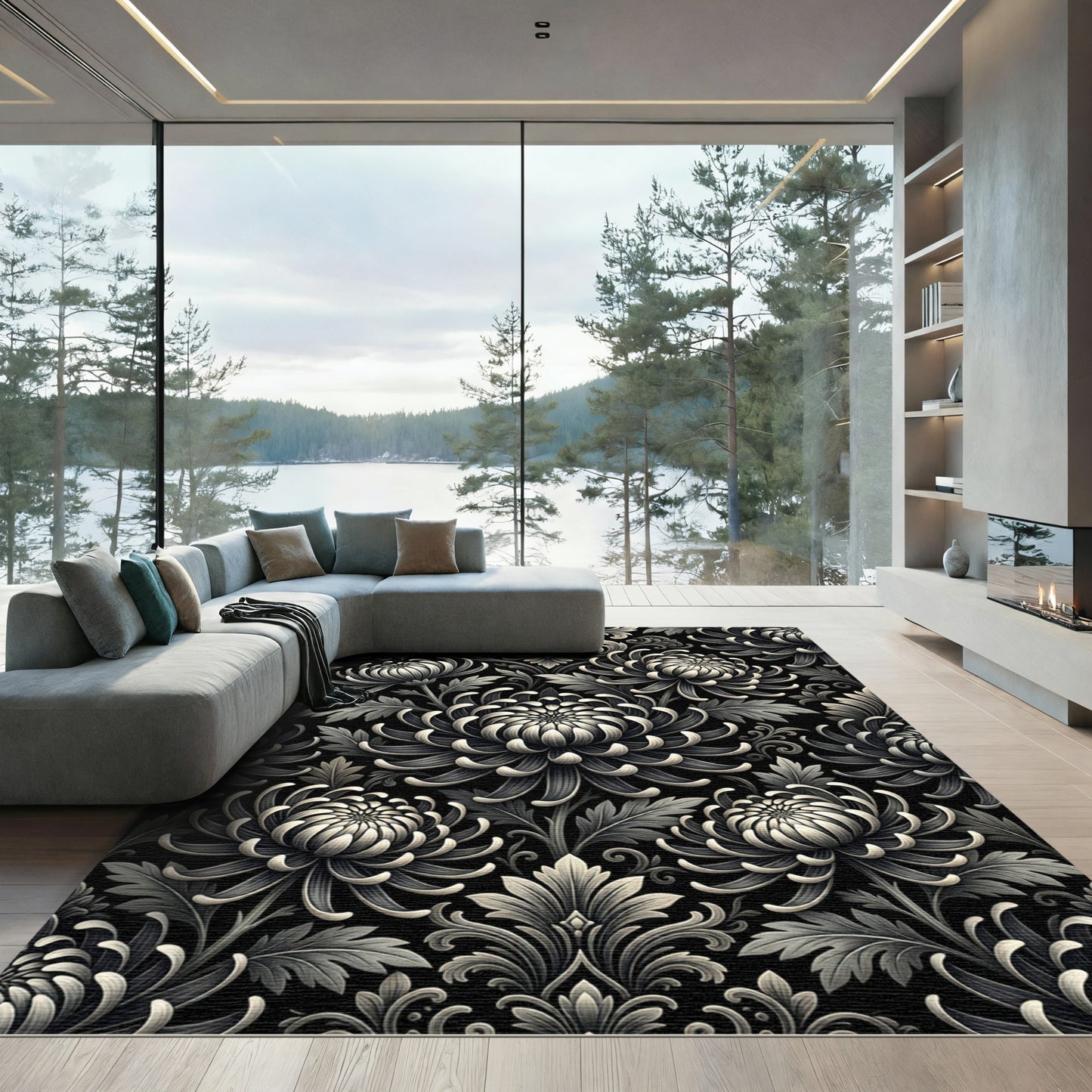 Monochromatic Chrysanthemum Floral Damask Rug