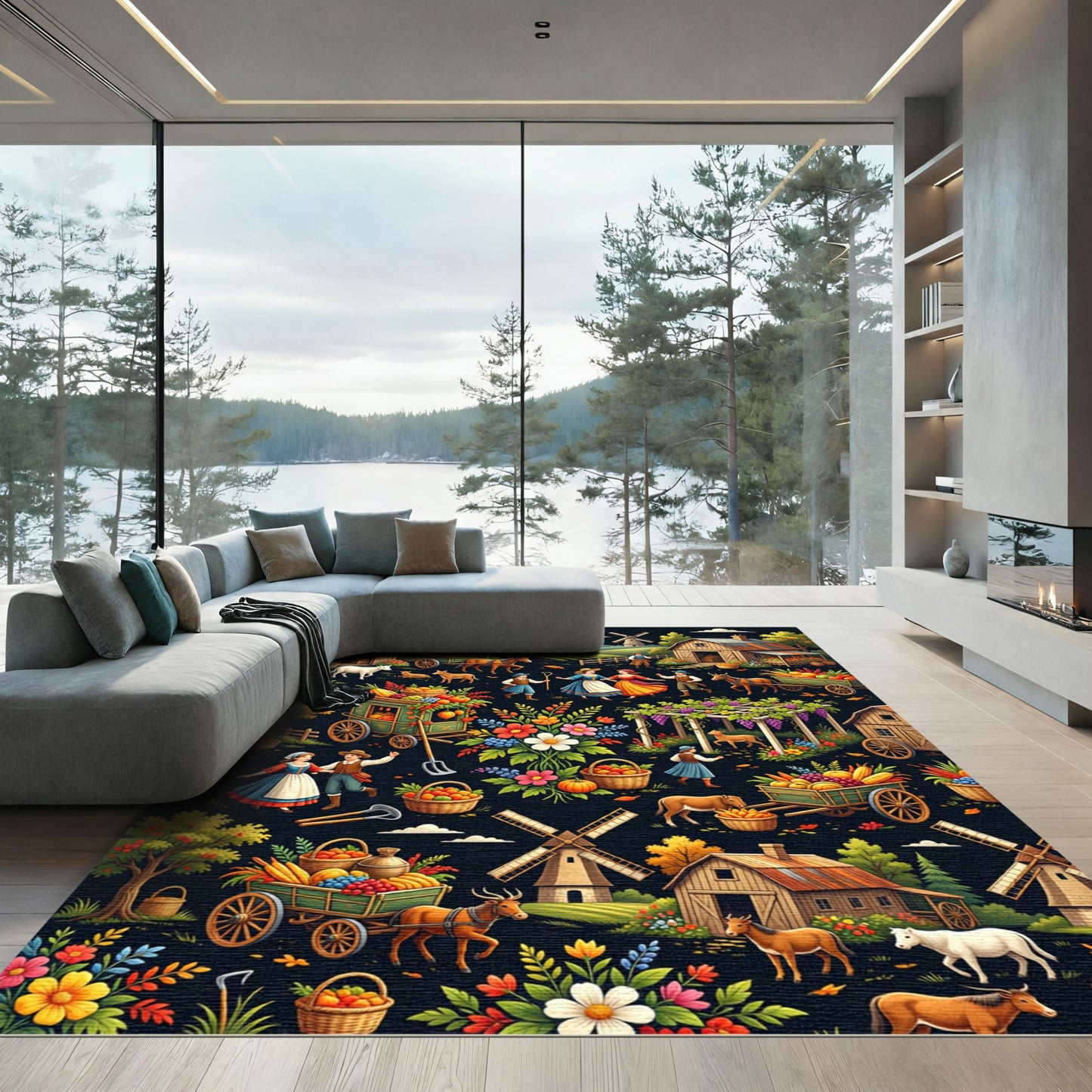 Farmhouse Harvest Scene Floral Rug