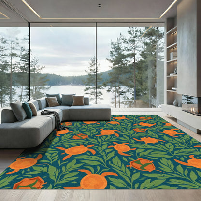 Orange Turtles Green Foliage Background Rug
