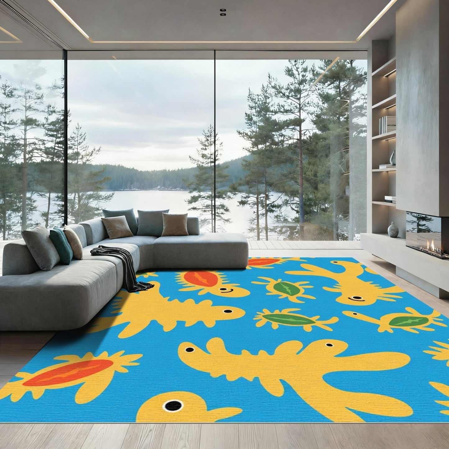 Whimsical Yellow Creatures Blue Background Rug