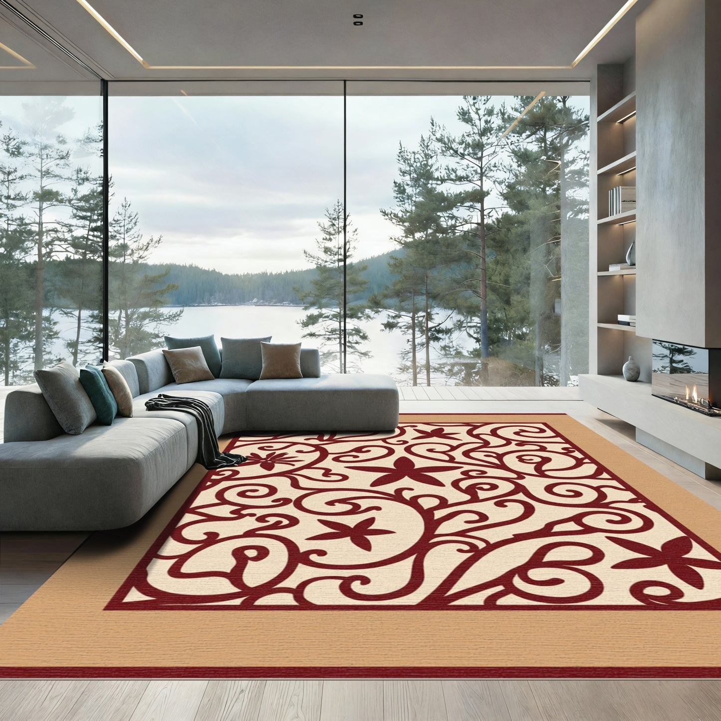 Crimson Floral Vine Scroll Rug