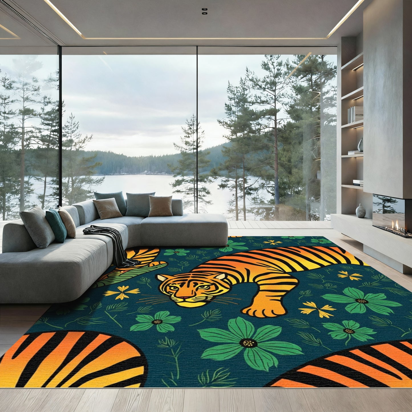 Bold Tiger Floral Jungle Scene Rug