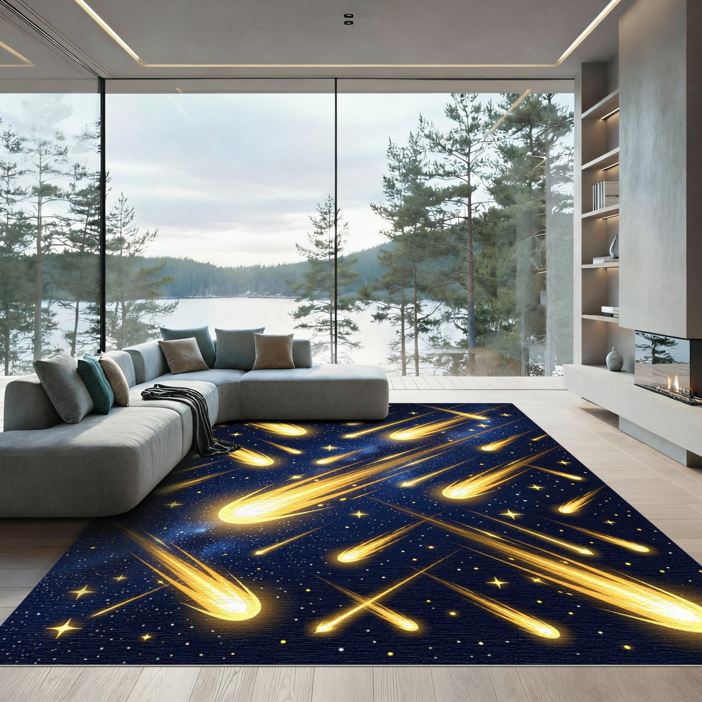Luminous Golden Shooting Star Galaxy Rug