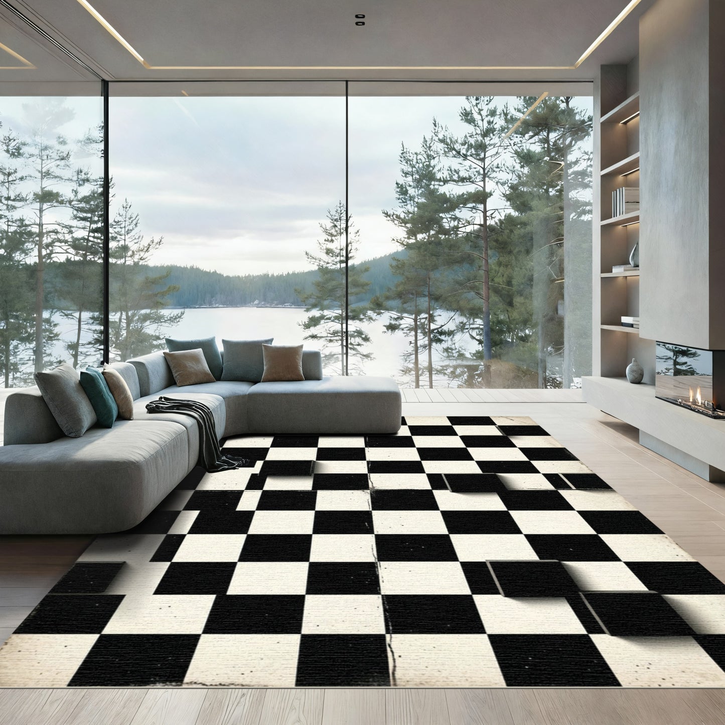 Monochrome Geometric Chessboard Abstract Rug