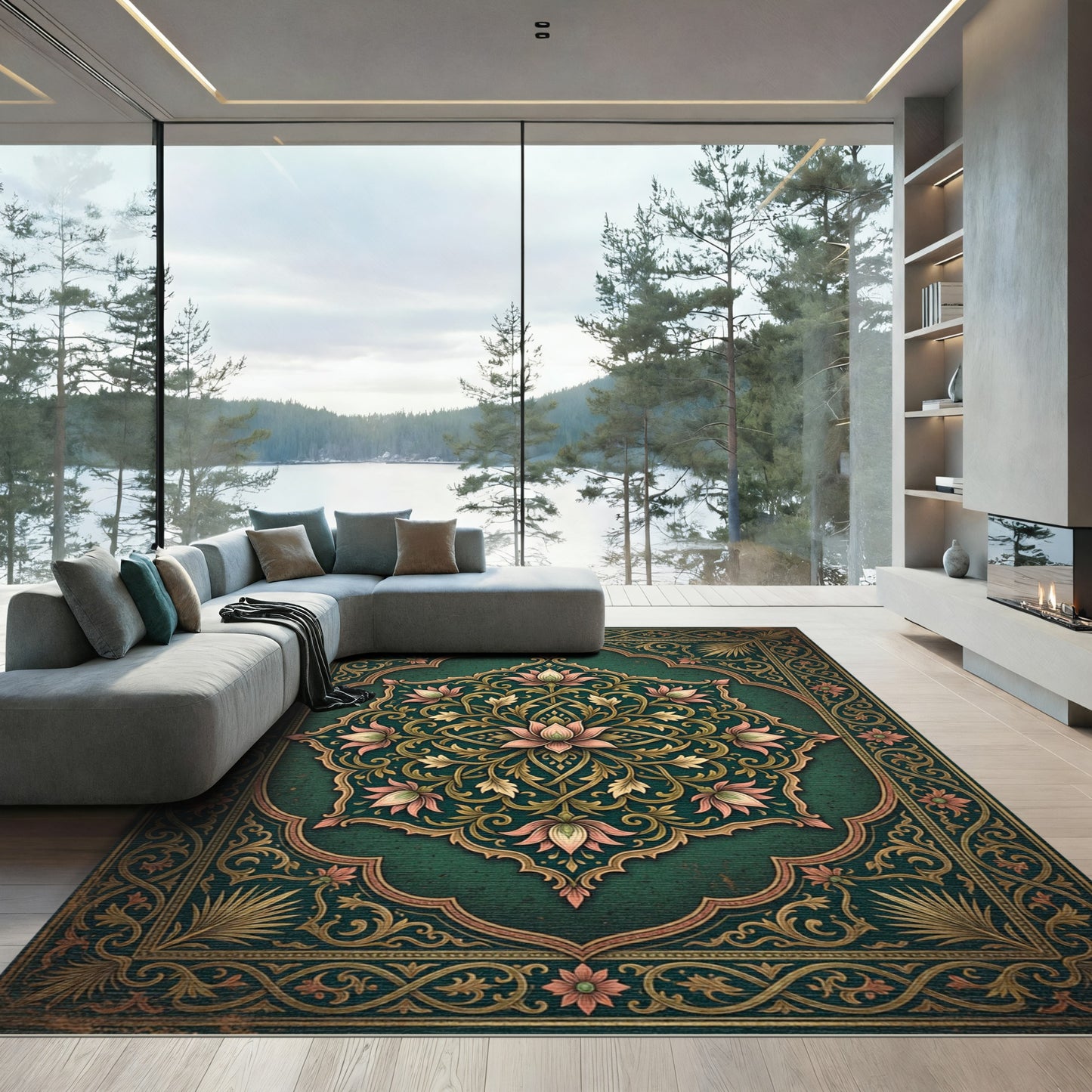 Elegant Emerald Lotus Medallion Floral Rug