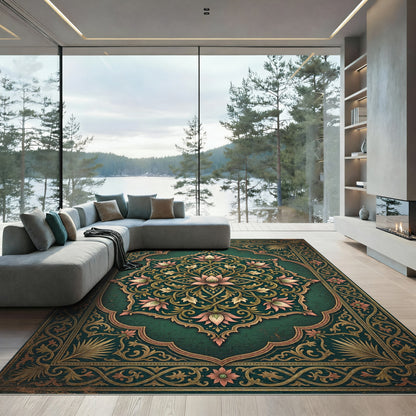 Elegant Emerald Lotus Medallion Floral Rug
