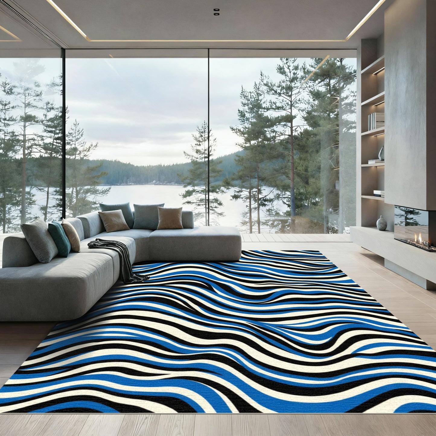Blue Black Cream Wavy Stripes Rug