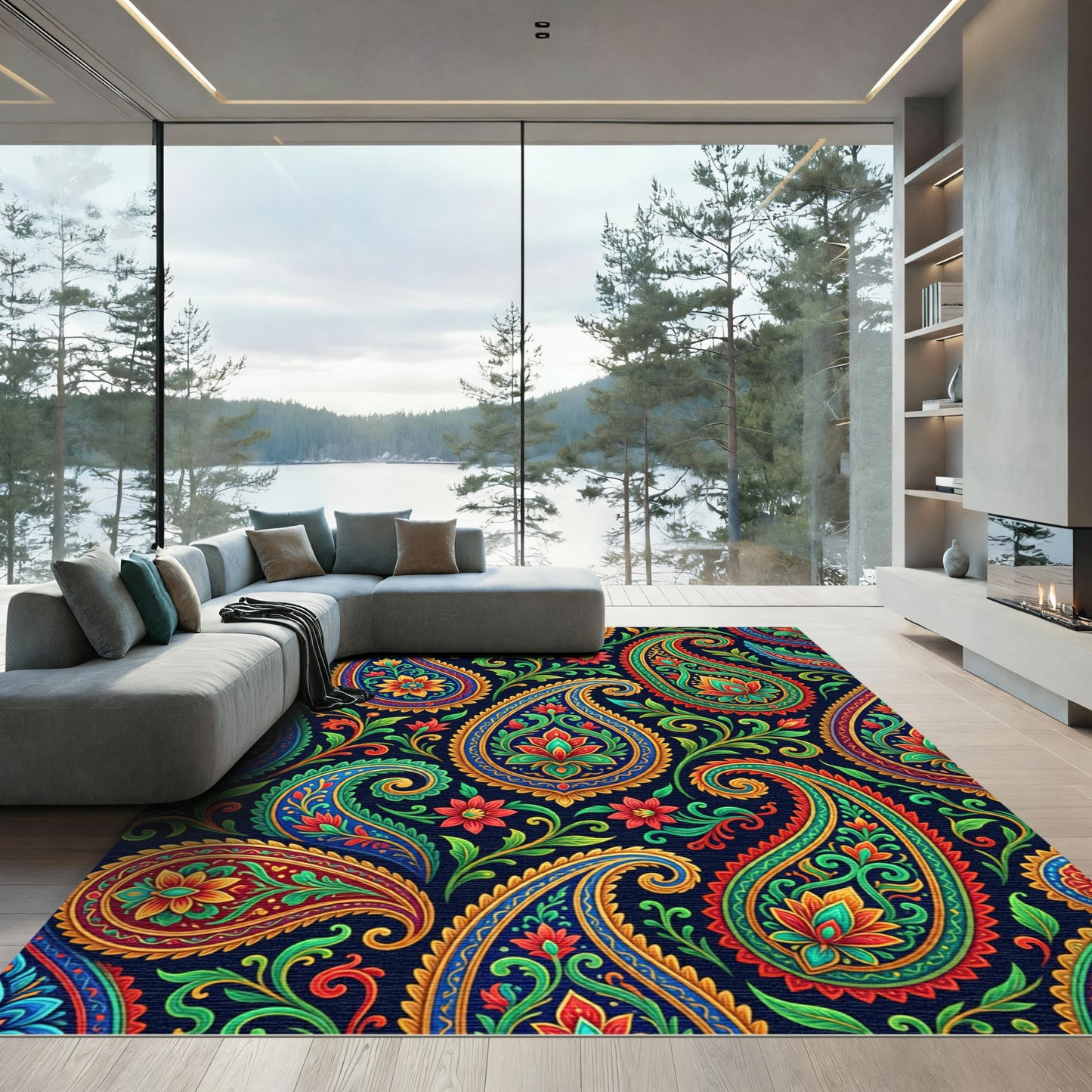 Vibrant Multicolored Floral Paisleys on Navy Rug