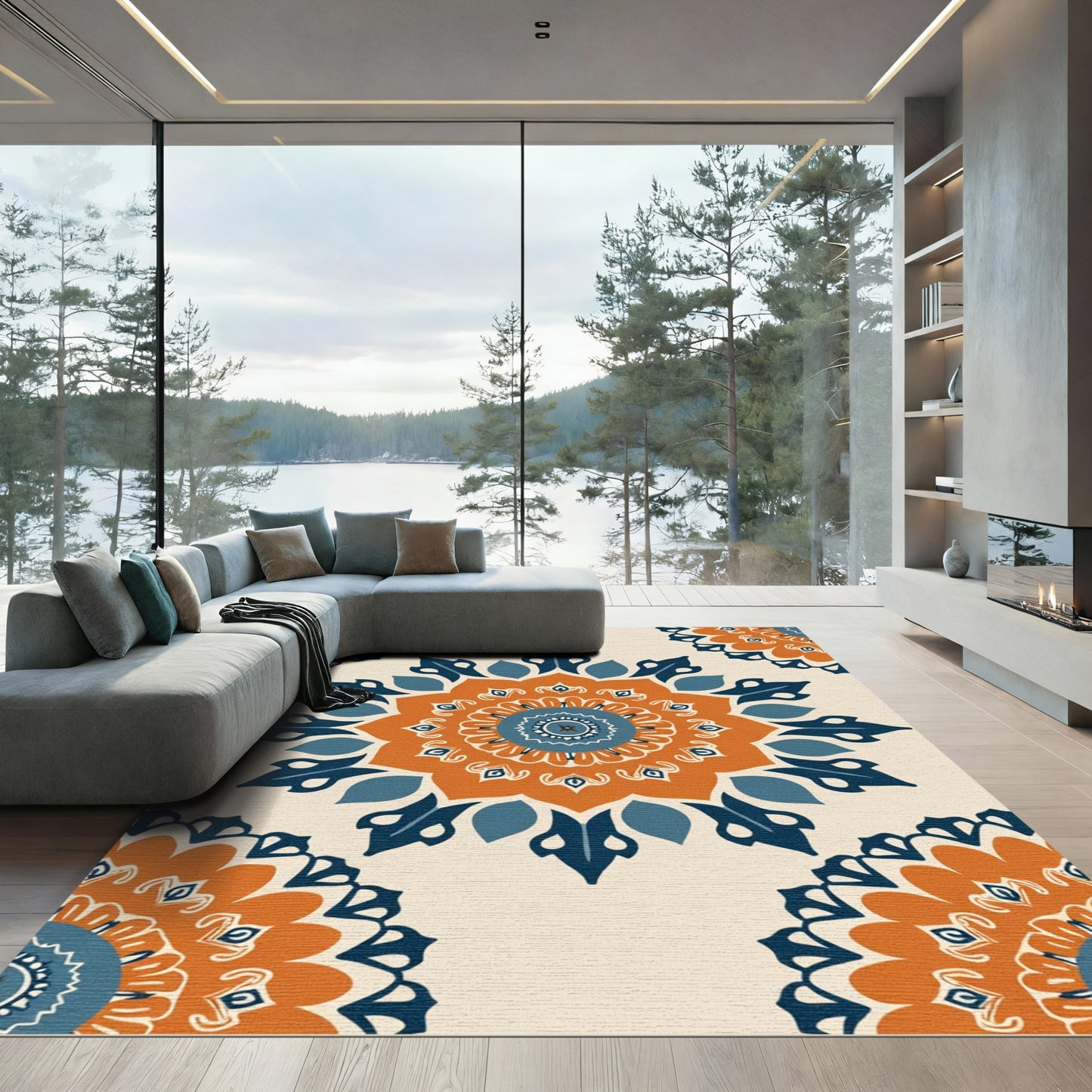 Orange Blue Medallion Folk Art Rug