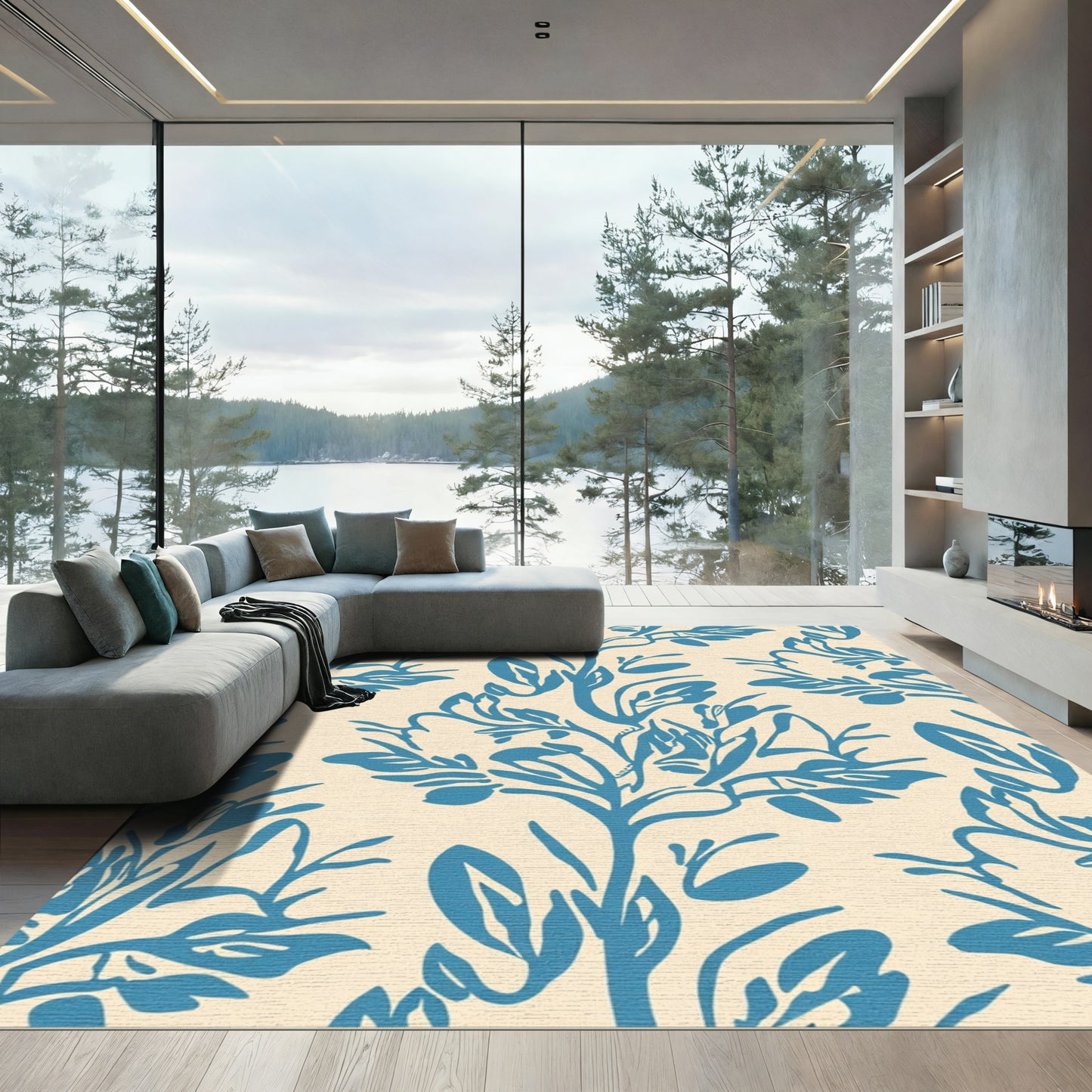 Cerulean Blue Floral Branch Pattern Rug