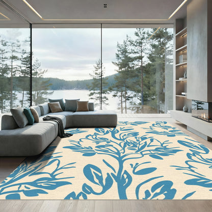 Cerulean Blue Floral Branch Pattern Rug