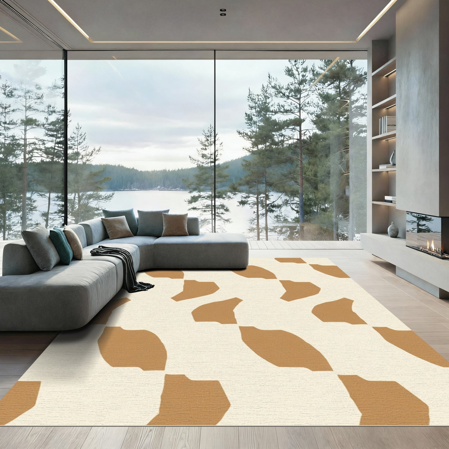 Tan Beige Abstract Organic Shapes Rug